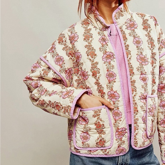 Free People Jackets & Blazers - Free People Chloe Floral Puffer Jacket - Pink and Cream
